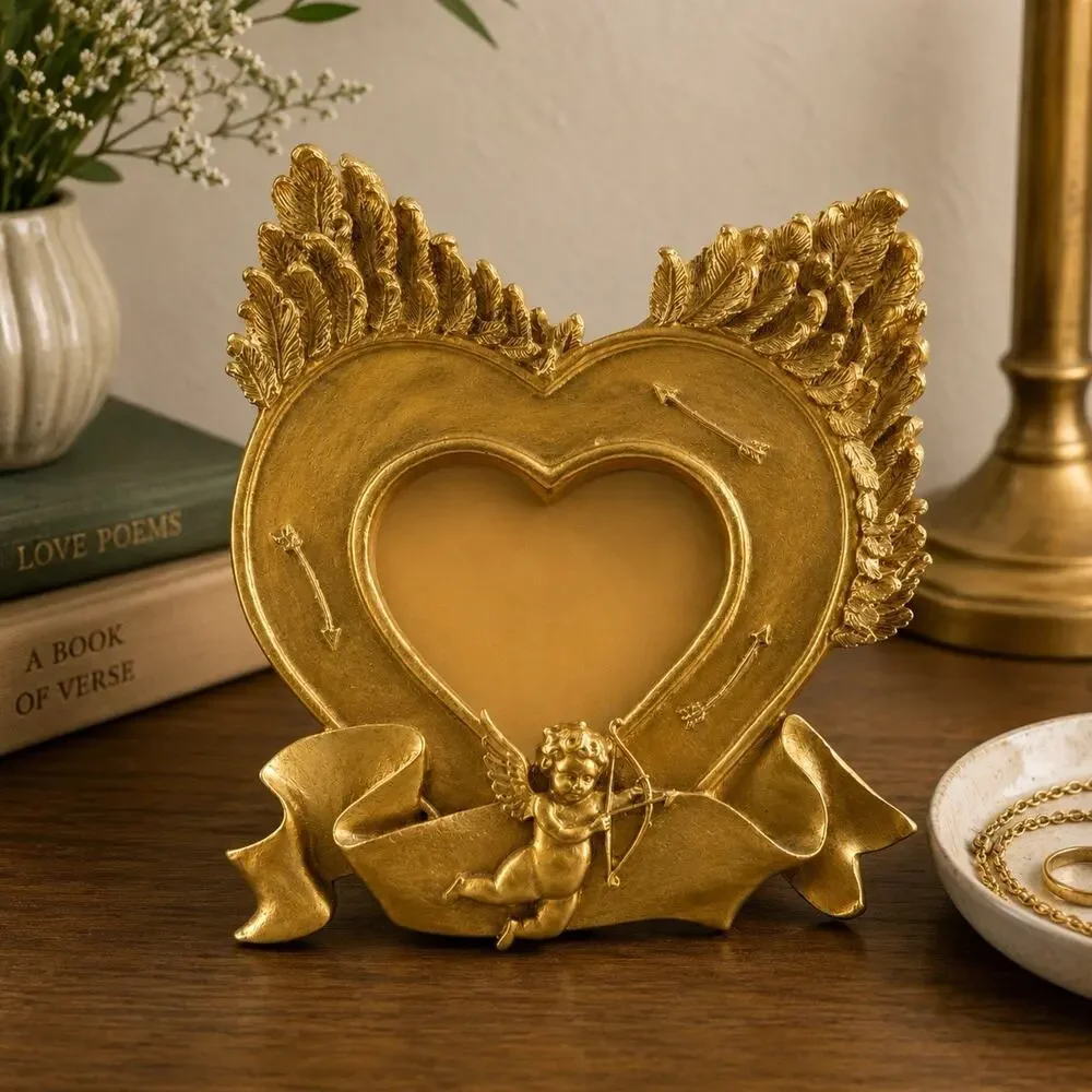 Vintage Gold Cherub Heart Picture Frame Winged Angel 2.5x3 Photo